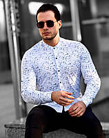 Мужская Белая рубашка с синим принтом с застежкой на кнопках M, XL, XXL SP-11