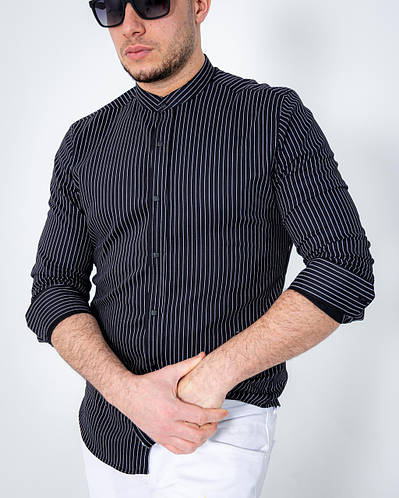 Купить Модная Рубашка Стойка тонкий джинс В Мелкую Полоску черного ...