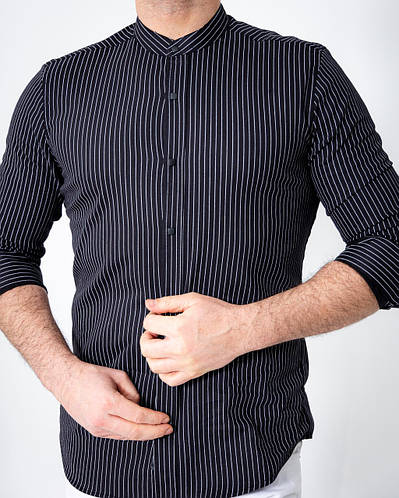 Купить Модная Рубашка Стойка тонкий джинс В Мелкую Полоску черного ...