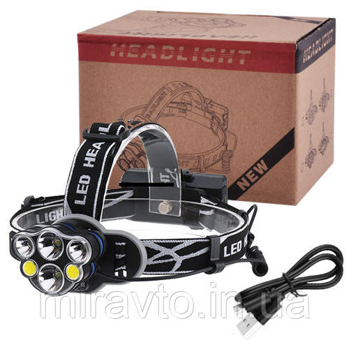 Фонарик-лоб "POLICE" KC06-2T6+2XPE+2COB (white+red), ЗУ micro USB, 2x18650