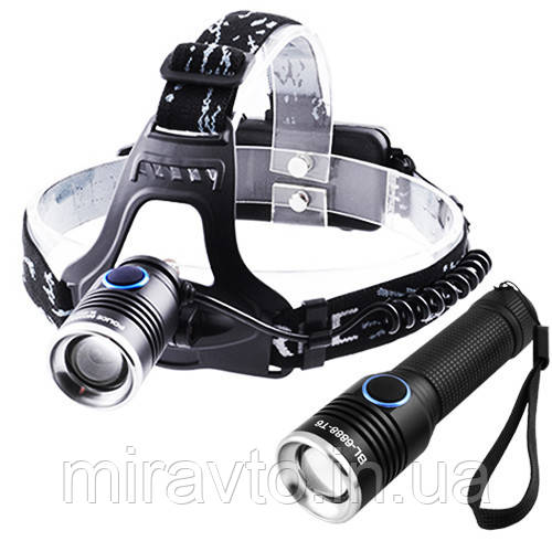 Ліхтарик-лоб + ручний "POLICE" 6888-T6, ЗУ micro USB,2x18650,zoom,BOX