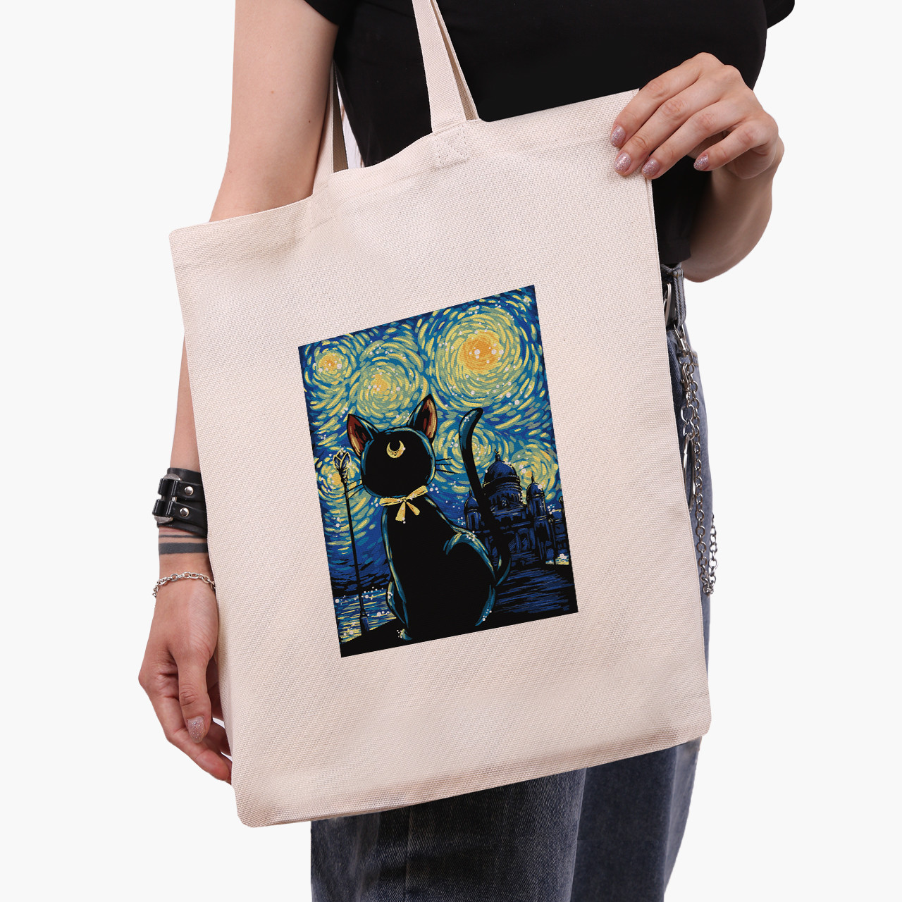 Еко сумка Кішка Місяць Сейлор Мун Зоряна Ніч Ван Гог бежева канвас з принтом