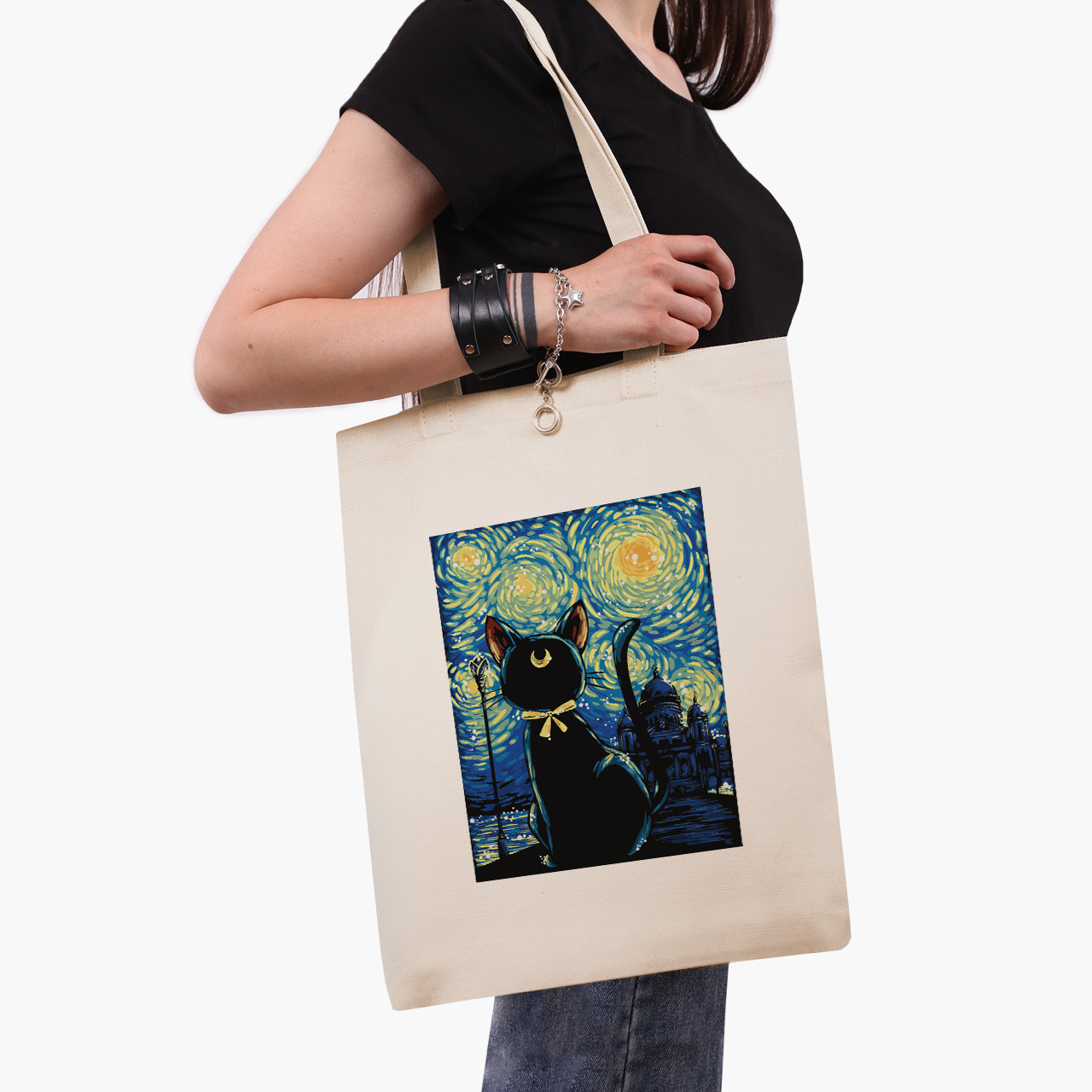 Еко сумка Кішка Місяць Сейлор Мун Зоряна Ніч Ван Гог (anime Sailor Moon Cats and van Gogh), шопер з принтом бежевий саржа, фото 1