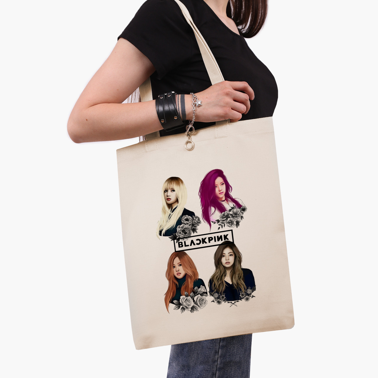 Еко сумка Блек Пінк (BlackPink), шопер з принтом бежевий саржа