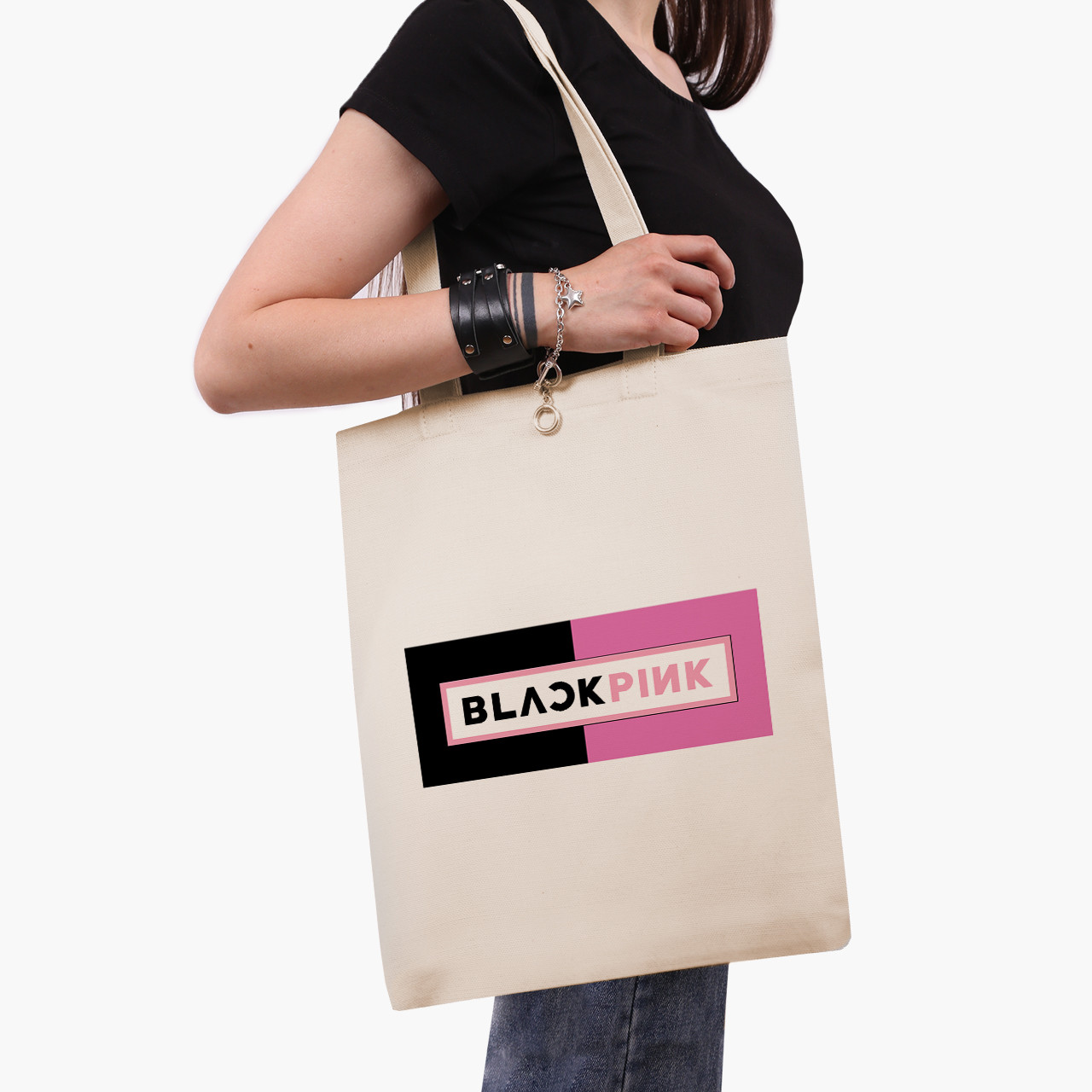 Еко сумка Блек Пінк (BlackPink), шопер з принтом бежевий саржа