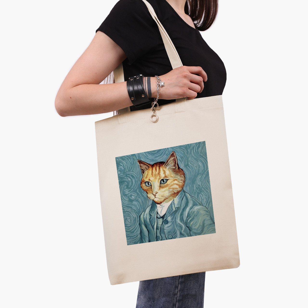 Еко сумка Кіт Вінсент Ван Гог (Vincent van Gogh Cat), шопер з принтом бежевий саржа, фото 1