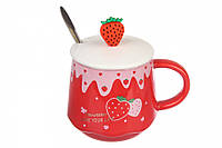 Чашка Клубника розовая для кофе,чая с ложкой и крышкой 300 мл.,кружка Strawberry с клубникой красная керамика