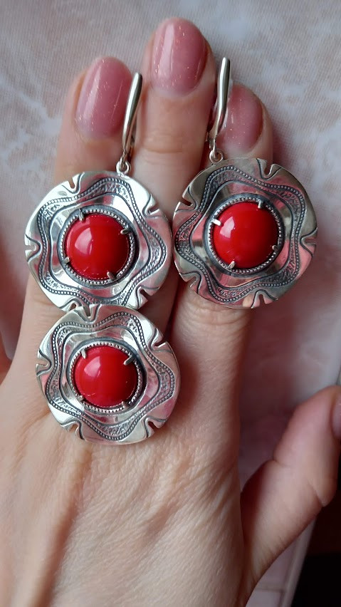 Срібний комплект із червоним коралом, фото 1