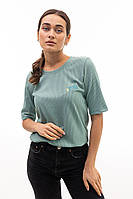 Женская однотонная футболка в рубчик с вышитым голубем