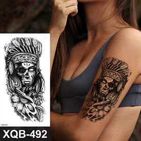 Флеш Тату. 21*10 См. Перевідна. Тимчасова. Індійський Стиль, Дівчата, Черепи, Квіти, Xqb-492 (S), Ч/Б