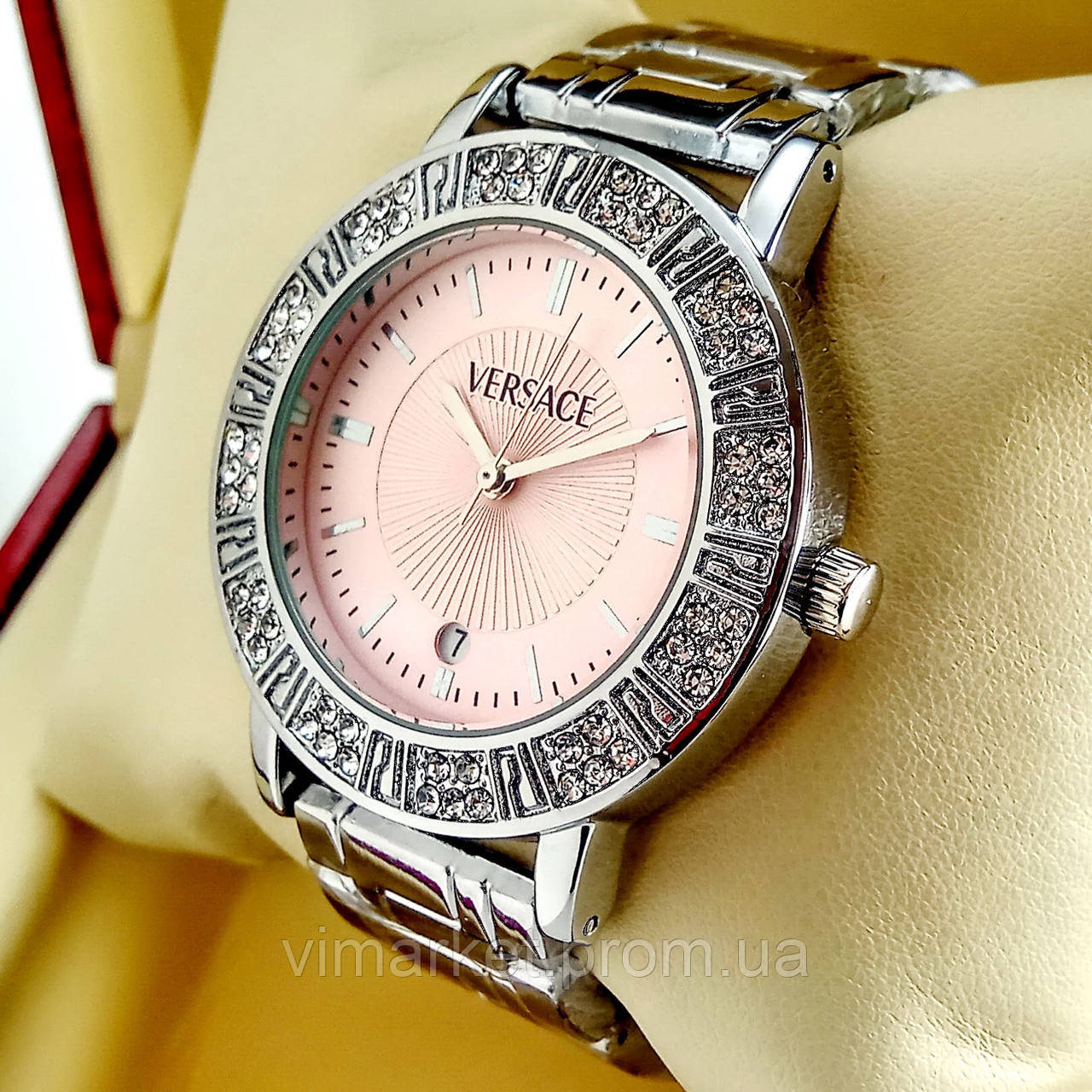 Жіночий кварцовий наручний годинник Versace A111 кольору срібло з рожевим циферблатом з датою на металевому браслеті