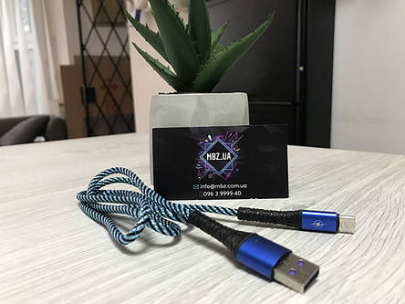 Кабель тканинний синій 1 м USB Type-C для Samsung, Xiaomi, POCO, ZTE, фото 2
