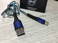 Кабель тканинний синій 1 м USB Type-C для Samsung, Xiaomi, POCO, ZTE, фото 3