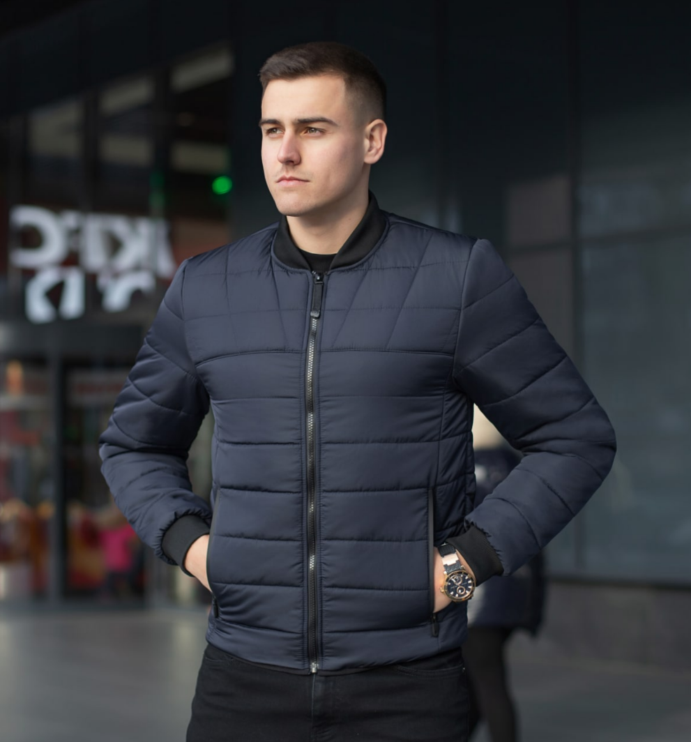 Модний чоловічий темно-синій бомбер, Куртка чоловіча коротка повсякденна непромокальна без капюшона, фото 1