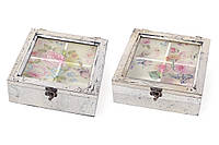 Коробка для чая деревянная со стеклянной крышкой Птицы, цвет - серебро антик 487-311