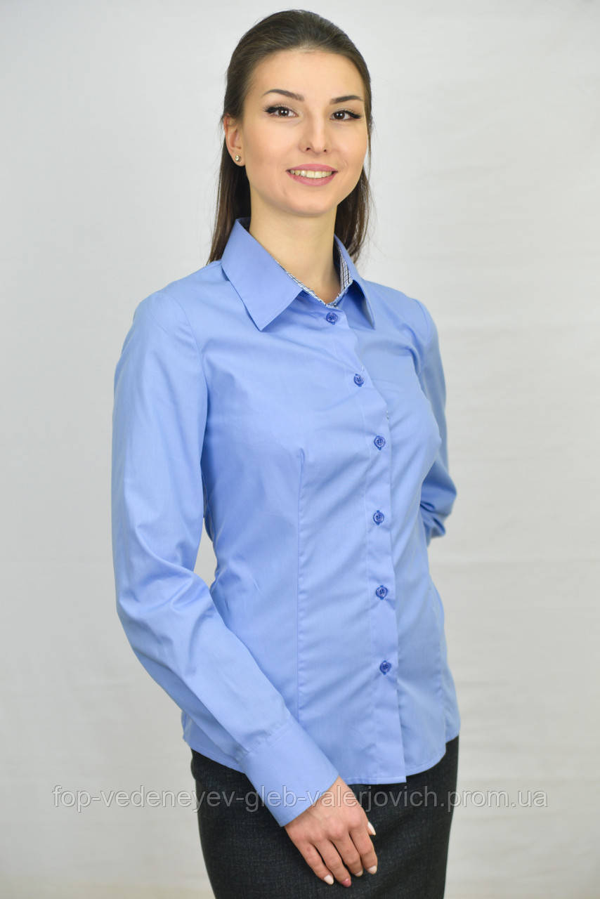 Блакитна блуза жіноча комбінована синьою кліткою