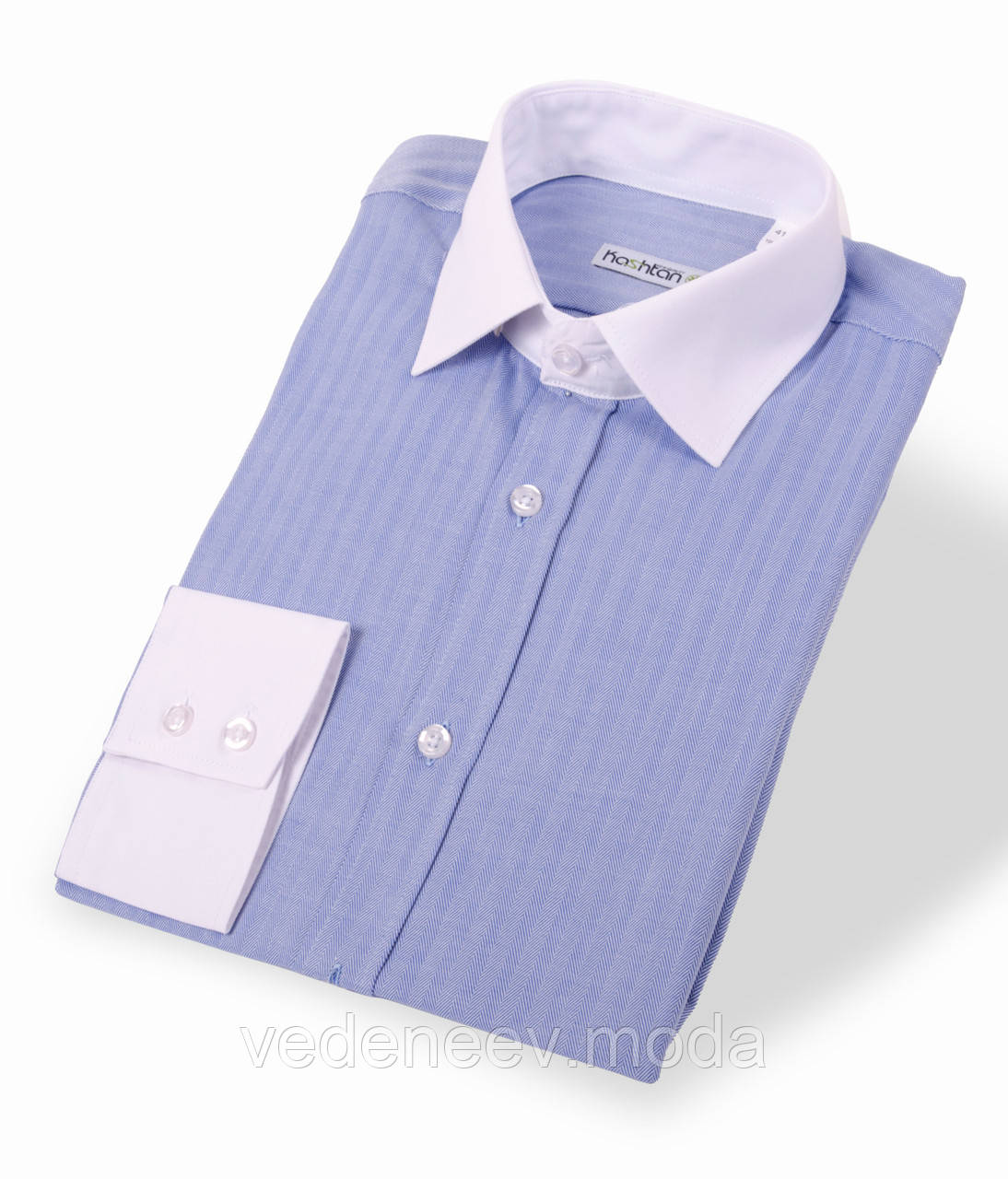 Чоловіча комбінована приталена чоловіча сорочка блакитного кольору з білим коміром і манжетами