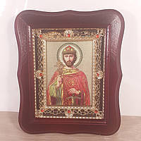 Икона святой благоверный князь Игорь, лик 10х12 см, в темном деревянном киоте с камнями