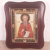 Икона Преподобный Максим Исповедник, лик 10х12 см, в темном деревянном киоте с камнями