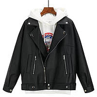 Женская куртка Косуха Удлинённая оверсайз Цвет черный молочный Размеры S=42-44 M=44-46