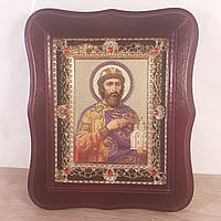 Икона святой благоверный князь Ярослав Мудрый, лик 10х12 см, в темном деревянном киоте с камнями