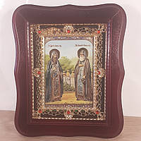 Икона Приподобным Зосиму и Савватию Соловецким Чудотворцам, лик 10х12 см, в темном деревянном киоте с камнями