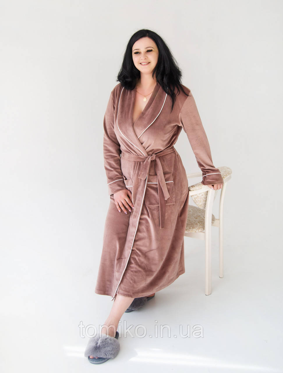 Халат жіночий велюровий на запах великих розмірів із кантом, фото 1