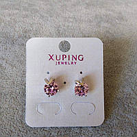 Сережки Xuping пусети кульчики Серце з каменем колір бузковий d-11х9мм родій купити біжутерію оптом в інтернеті