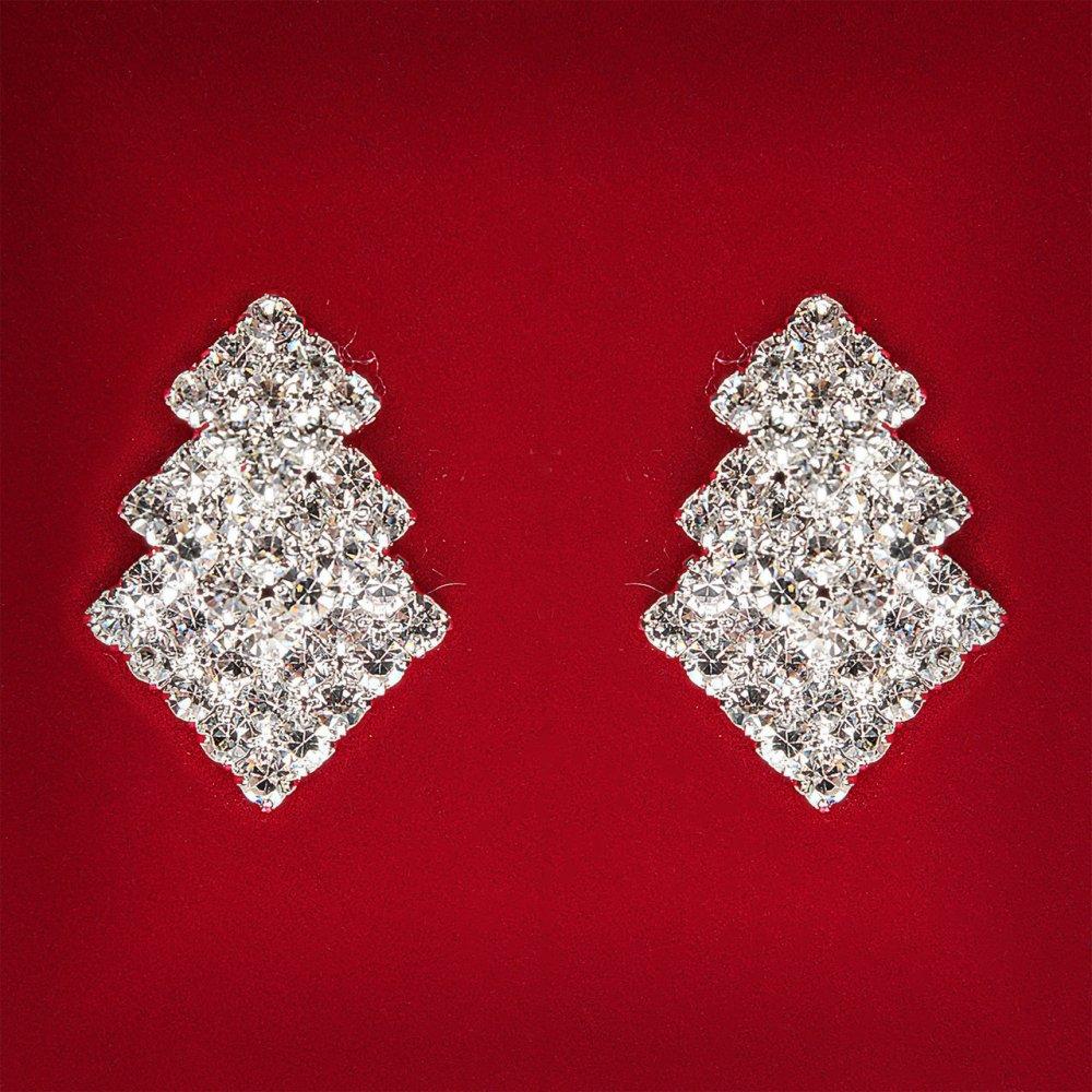 [27x18 мм] Сережки жіночі білі стрази світлий метал весільні вечірні гвоздики (пусети) ялинка середні