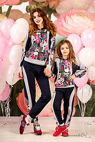 Оригінальний спортивний костюм для дівчаток, з красивим квітковим ринтом, для мами і доньки, 116-134 розмір