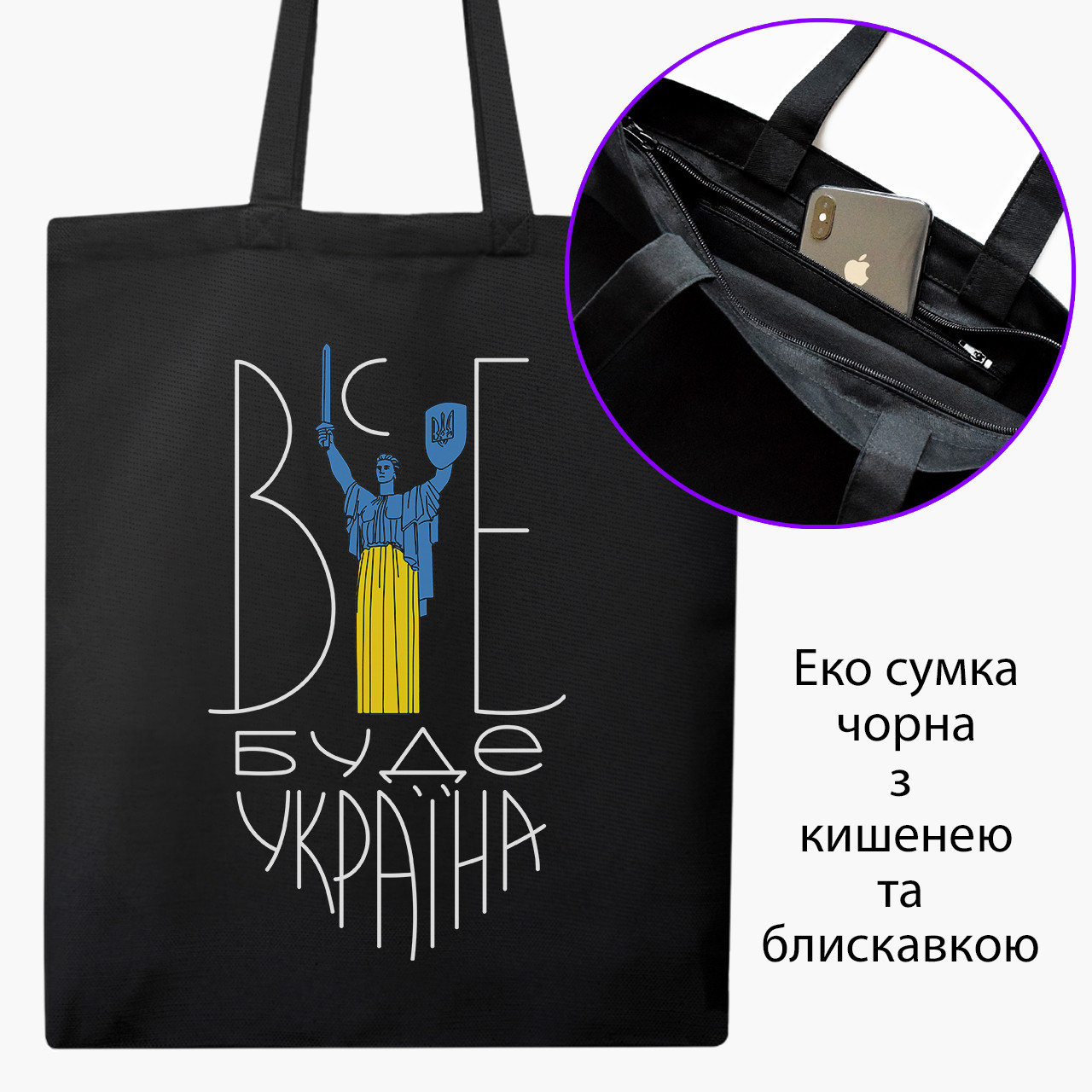 Еко сумка Все буде Україна чорна на блискавці саржа з принтом, фото 1