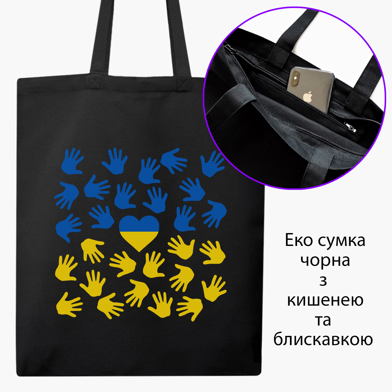 Еко сумка Підтримую Україну (Stand With Ukraine) чорна на блискавці саржа з принтом