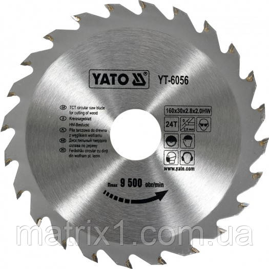 Диск пиляльний переможевий для дерева 160х30х2.8х2.0 мм, 24 зубці, R.P.M до 9500 1/хв YATO (Польща), фото 1