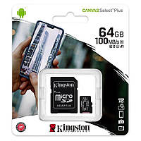 Карта памяти microSDXC 64GB Class 10 UHS-I Kingston CANVAS Select Plus (SDCS2/64GB) R100MBs с адаптером новая