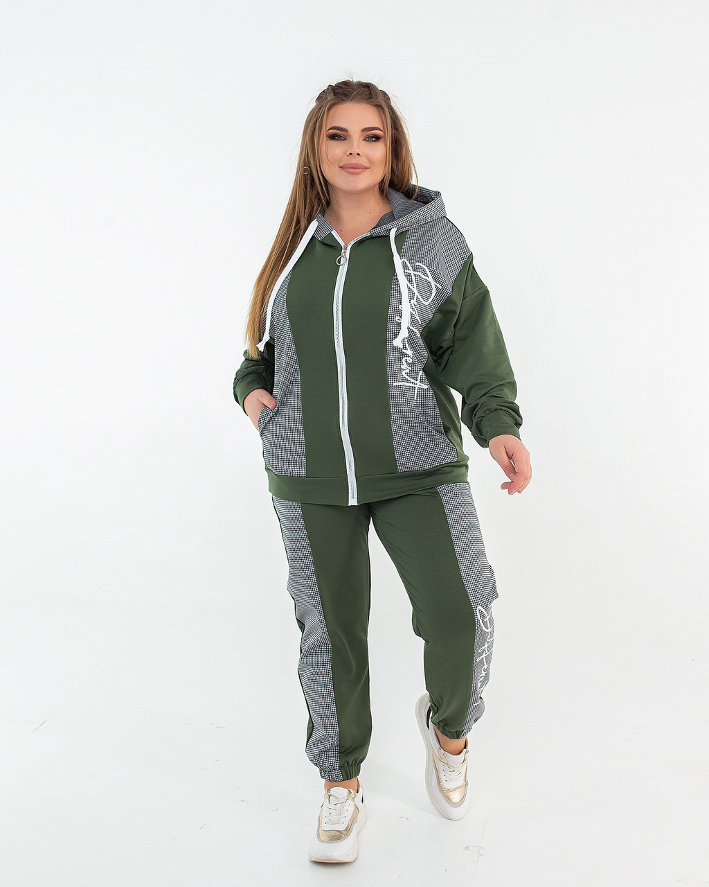 Жіночий весняний спортивний костюм, кофта на змійці з капюшоном і штани з кишенями, батал великі розміри, фото 1