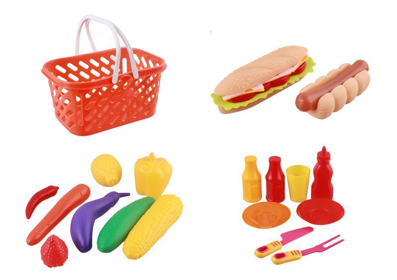 Іграшкові продукти, набір фаст-фуд у кошику, великий та яскравий набір, кошик з овочами.