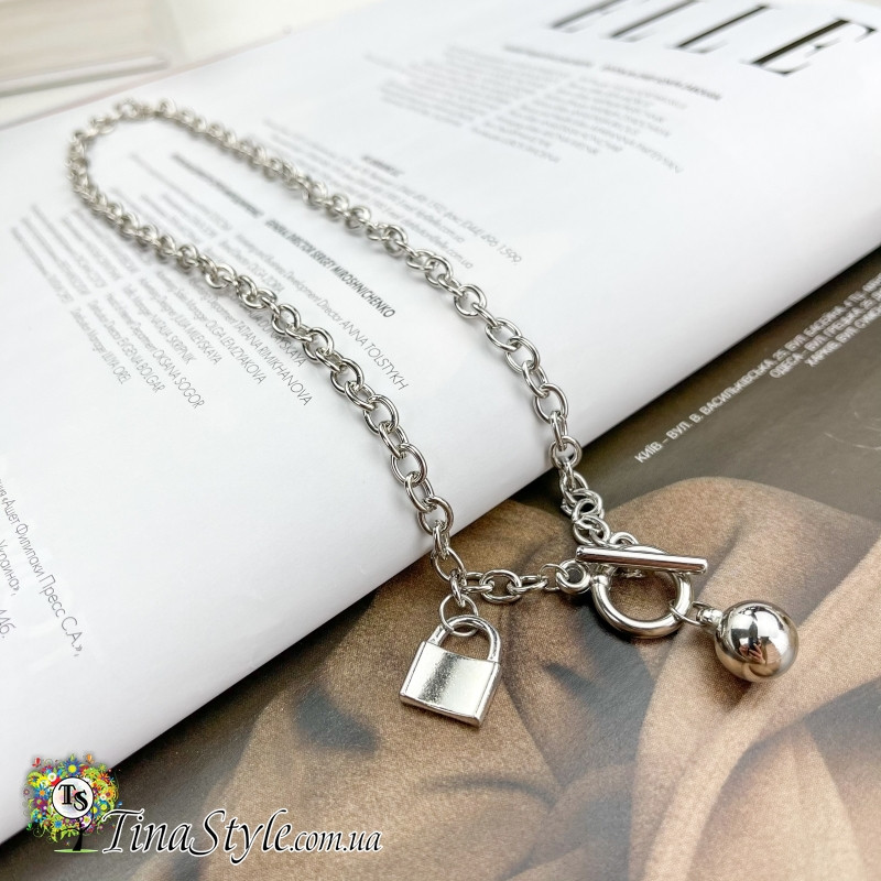 Підвіска срібний ланцюжок чокер масивна цепочка з колодкою і кулькою, фото 1