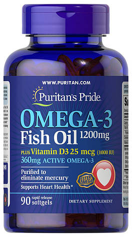 Омега 3 з вітаміном Д Puritan's Pride Omega 3 Fish Oil 1200 mg plus Vitamin D3 1000 IU 90 softgels, фото 1