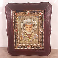Икона Святой Николай Чудотворец, лик 10х12 см, в темном деревянном киоте с камнями