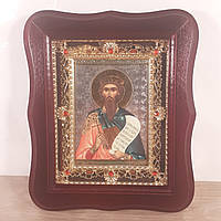 Икона Святой Вячеслав князь Чешский, лик 10х12 см, в темном деревянном киоте с камнями