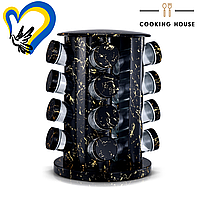 Набір ємностей для спецій на круглій підставці 16шт мармурово-чорного кольору Cooking House. Кругла карусельна стійка для спецій.