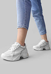 Шкіряні жіночі білі кросівки із сріблястими вставками