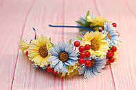 Обруч для волосся / обідок на голову з жовто-блакитними квітами та червоною калиною  543