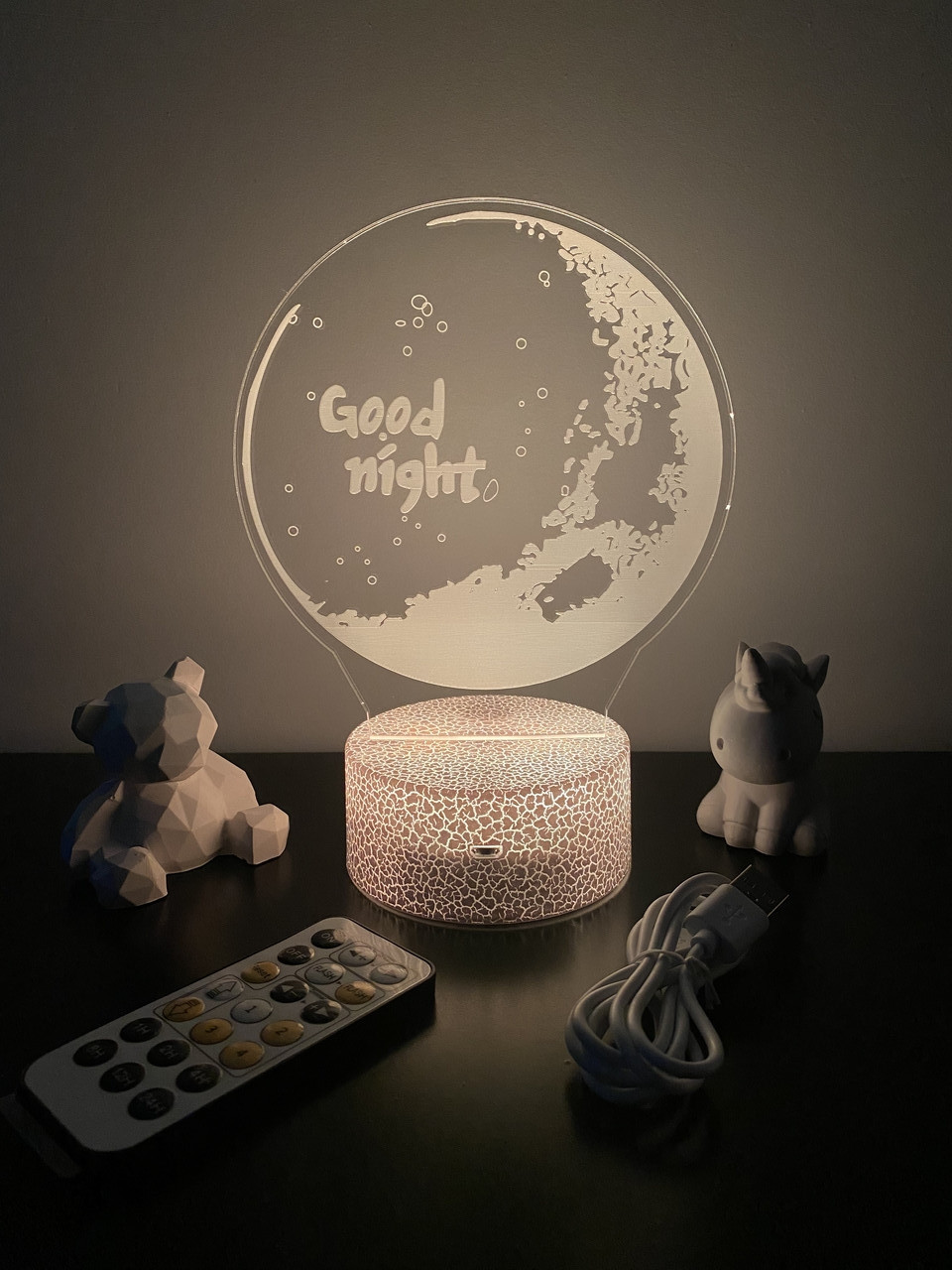 3d-лампа Місяць з написом Good Night - На добраніч, 3D світильник або нічник, 7 кольорів і 4 режими, пульт
