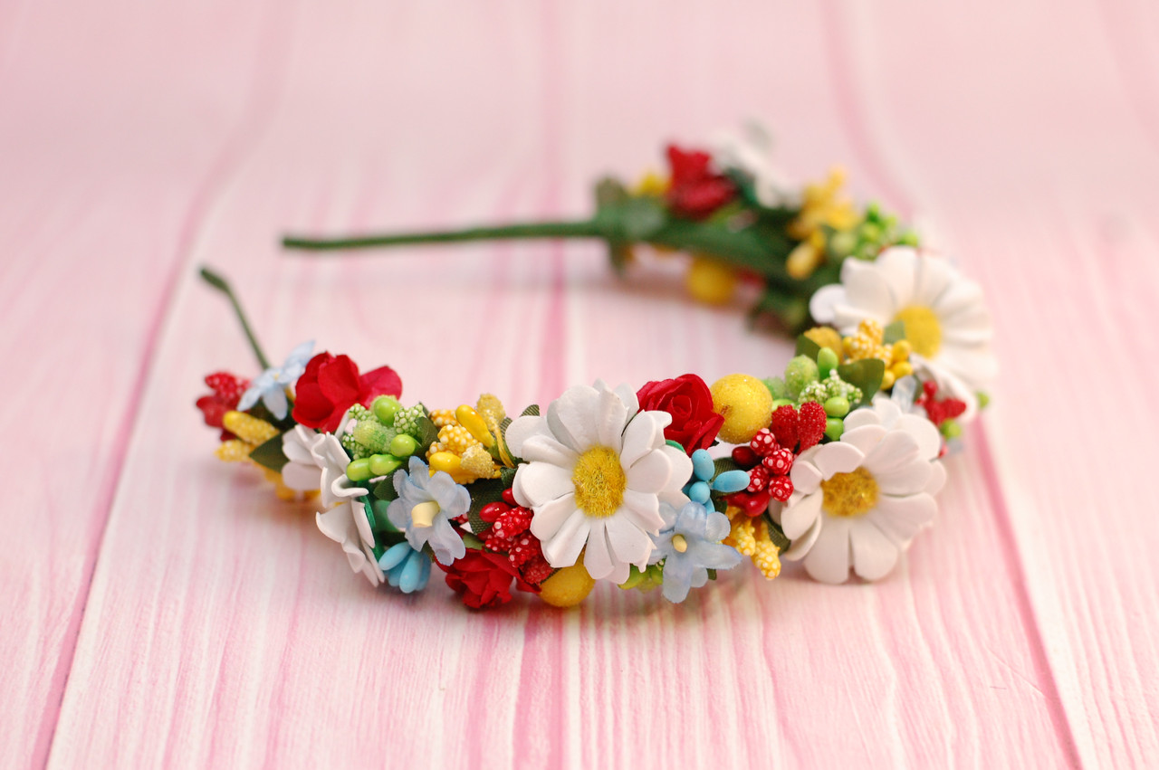 Обруч для волосся / обідок на голову різнокольоровий з ромашками 546, фото 1