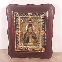 Икона Святитель Лука, исповедник,  архиепископ  Крымский, лик 10х12 см, в темном деревянном киоте с камнями