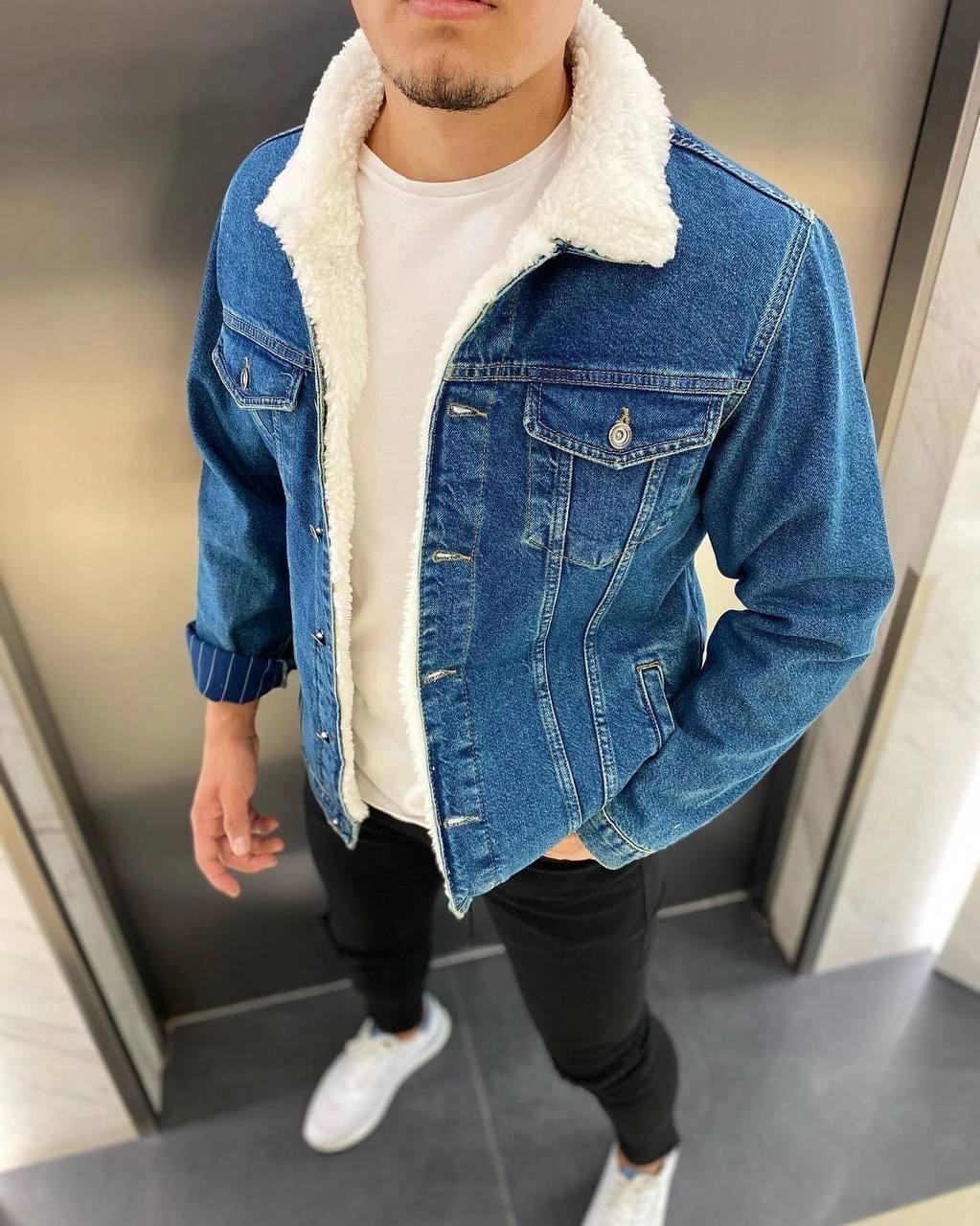 Куртка джинсова чоловіча на овчині чорна з хутром, фото 1