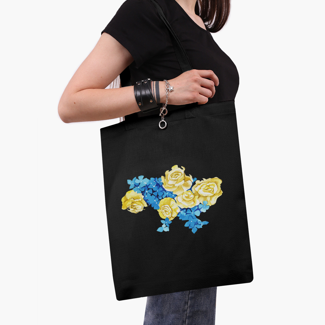 Еко сумка Квітуча Україна чорна саржа, шопер з принтом