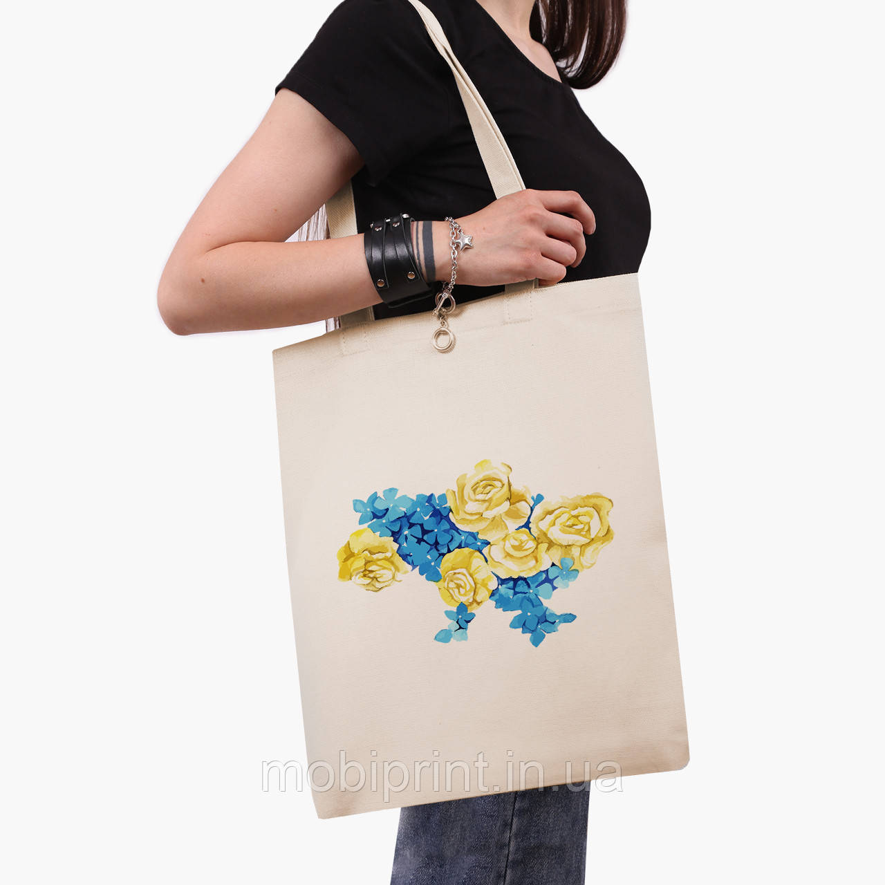 Еко сумка Квітуча Україна, шопер з принтом бежевий саржа