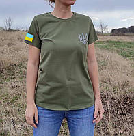 Зелена жіноча футболка з прапором та гербом України